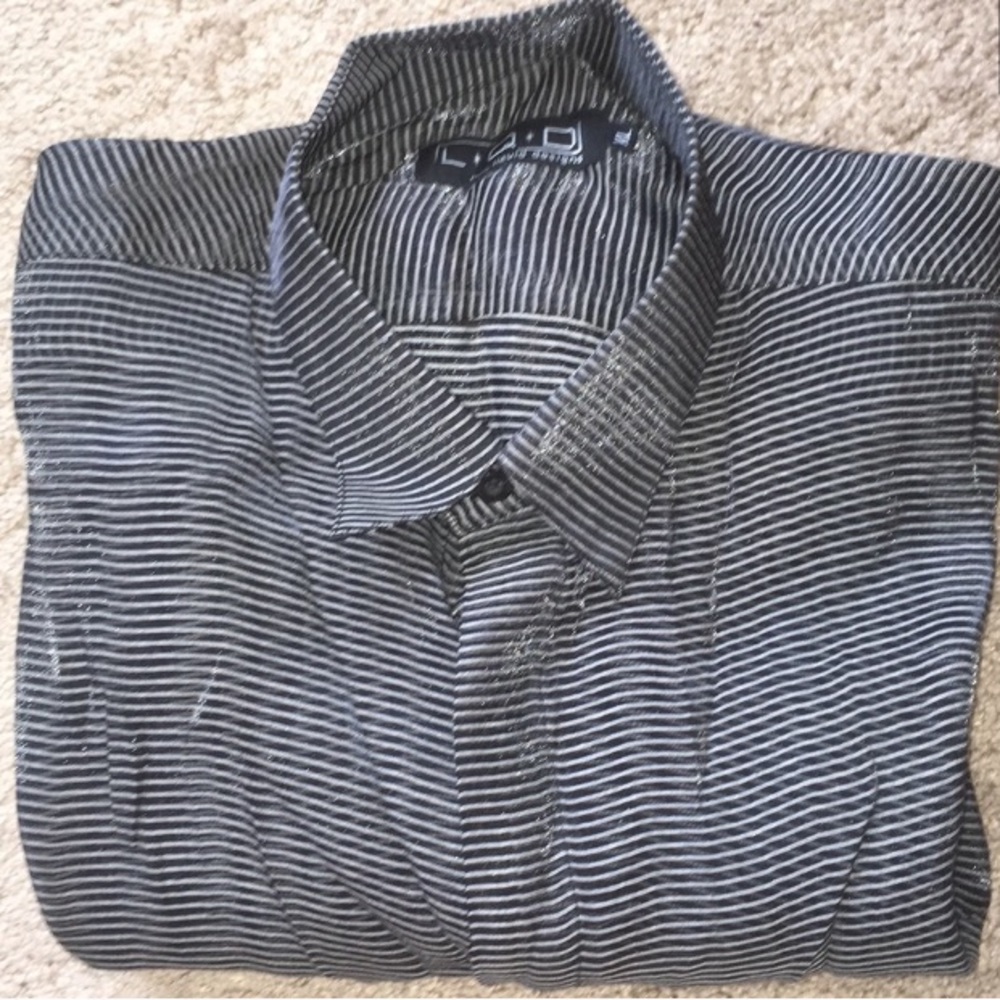 L.Q.D sheer black silver striped short sleeve button down shirt size XL NOWT